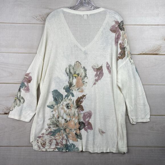 J Jill Sweater Womens XL Linen Blend White Floral Boho Tunic Open Knit Relaxed - Picture 6 of 8